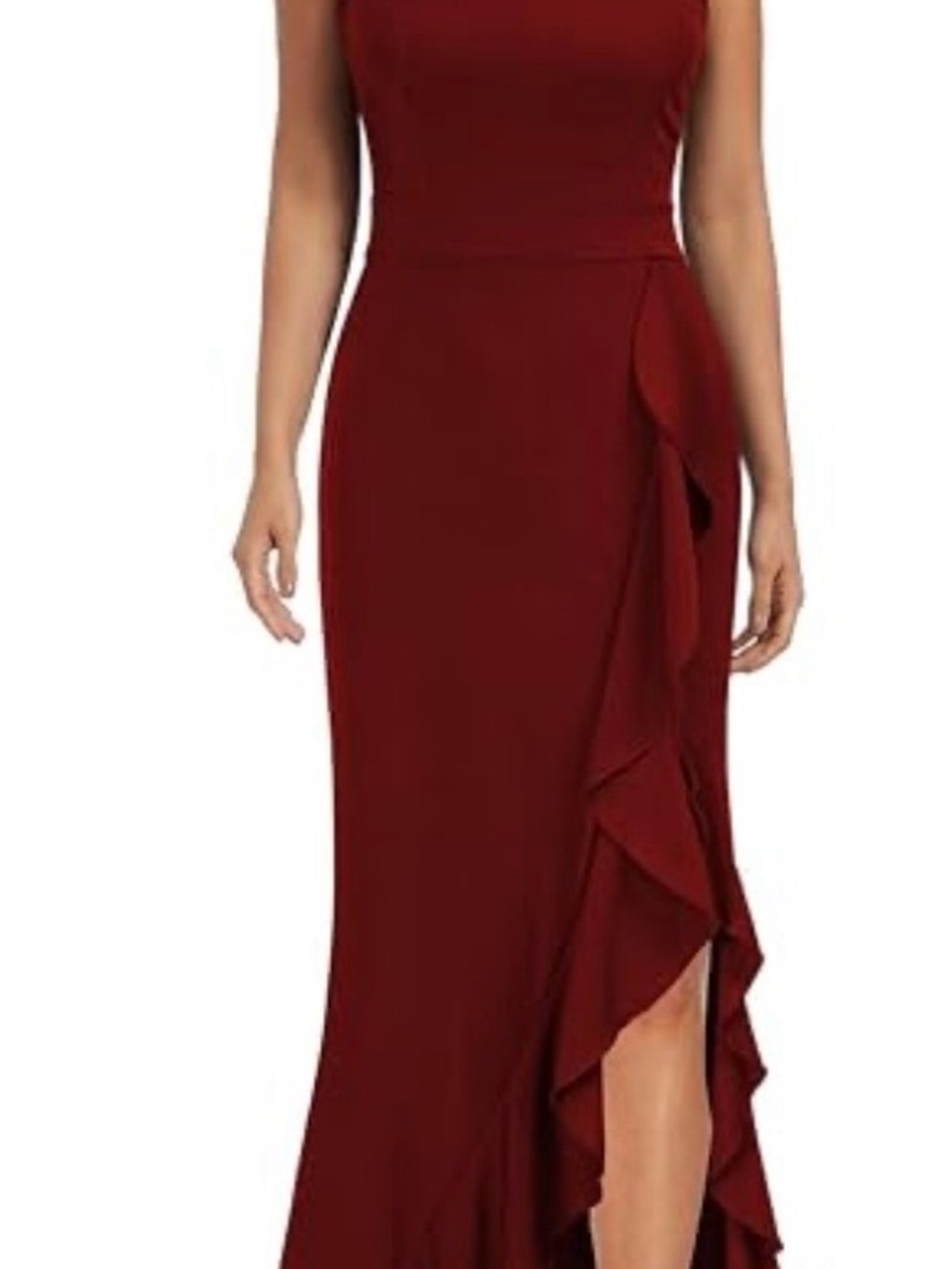 Sleek High-Low Ruffle Evening Dress in Burgundy